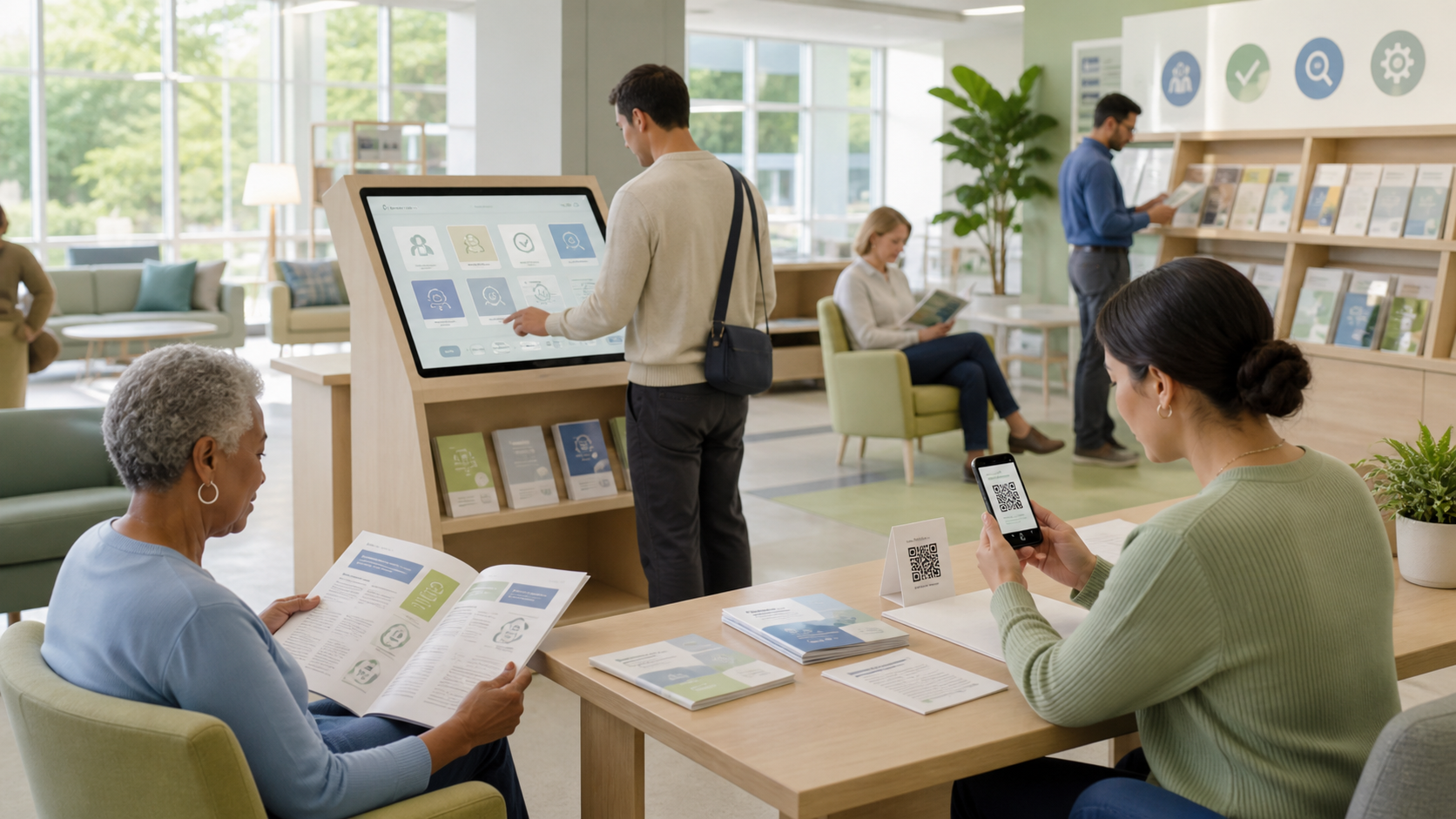 Bright public library information space with adults using accessible print, kiosk and mobile wellness education resources